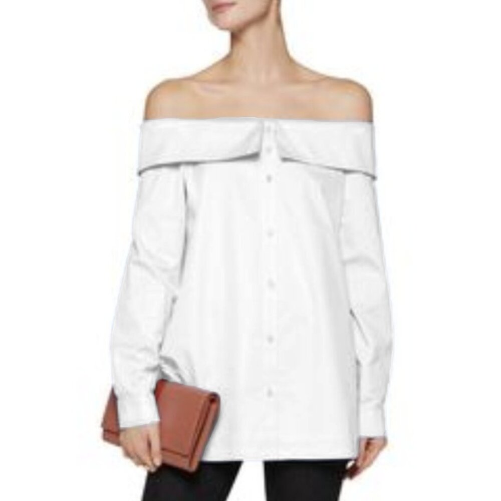 Tibi Off-Shoulder White Cotton Poplin Button-Down Shirt – Size 4